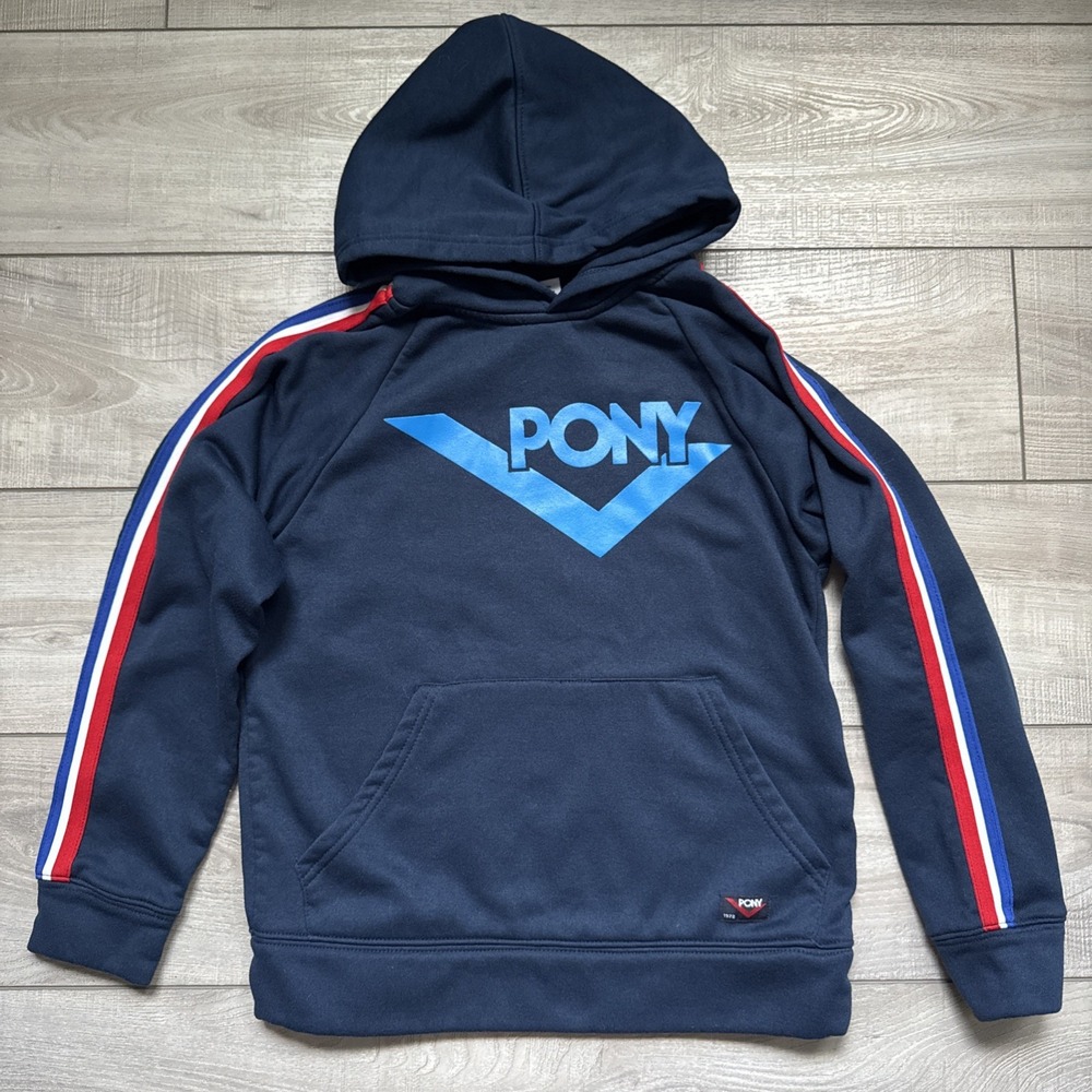 PONY Youth Boys M Blue Hoodie Logo Stripes Pullover Fleece Lined